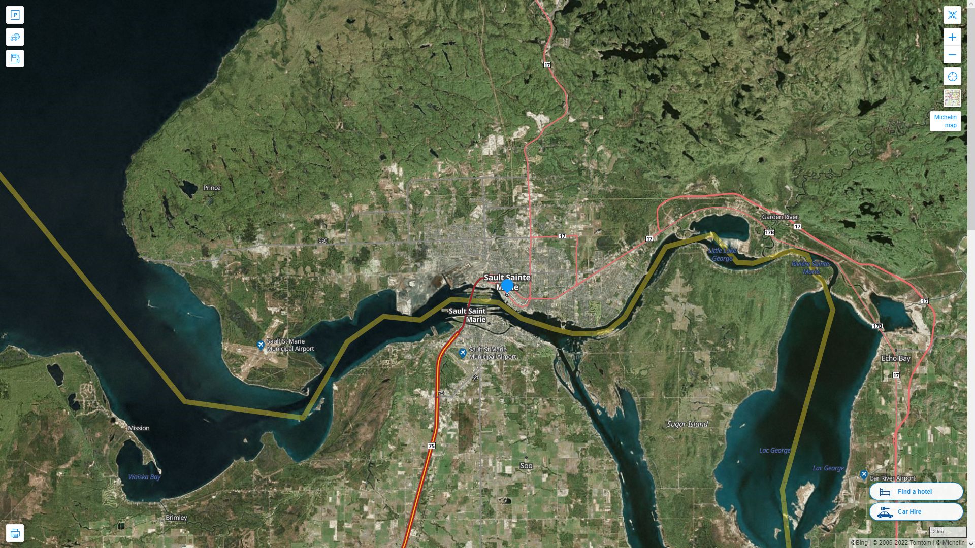Sault Ste. Marie Highway and Road Map with Satellite View